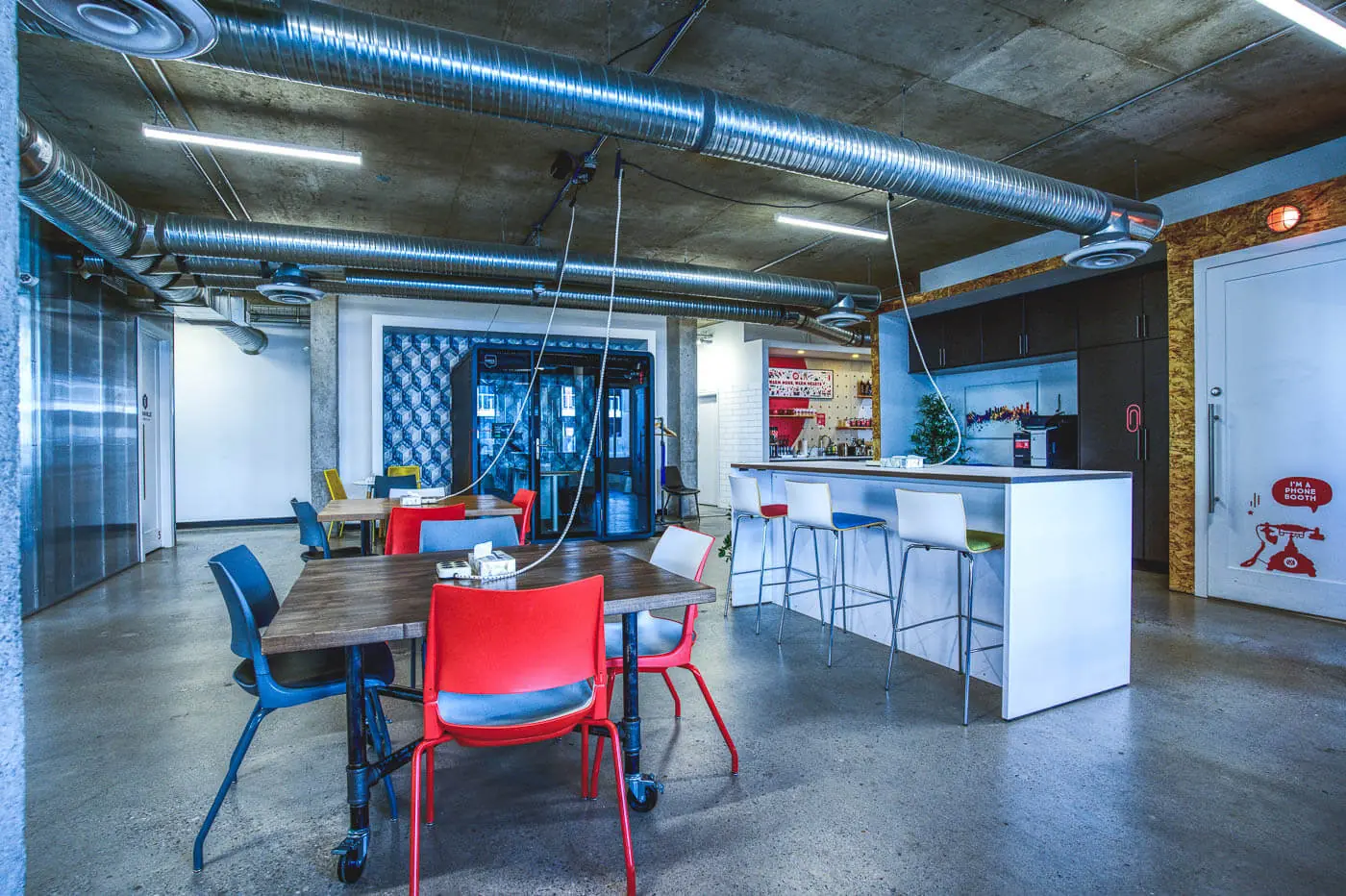 A bright meeting and gathering area inside Red Mile